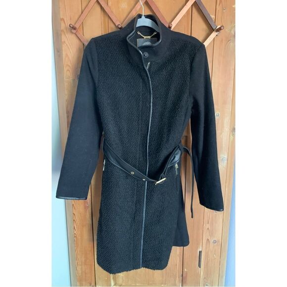 Vince Camuto black wool blend faux leather belted coat - Picture 1 of 11
